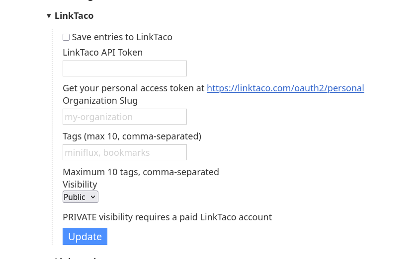LinkTaco integration panel in Miniflux settings